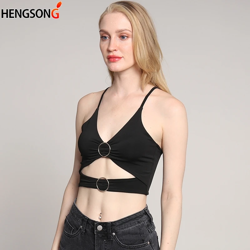 Черный регулируемый короткий топ на бретелях Женские Элегантные без рукавов