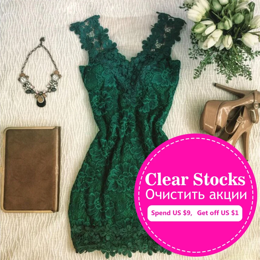 Женское облегающее платье без рукавов повседневное зеленое кружевное трапеция с