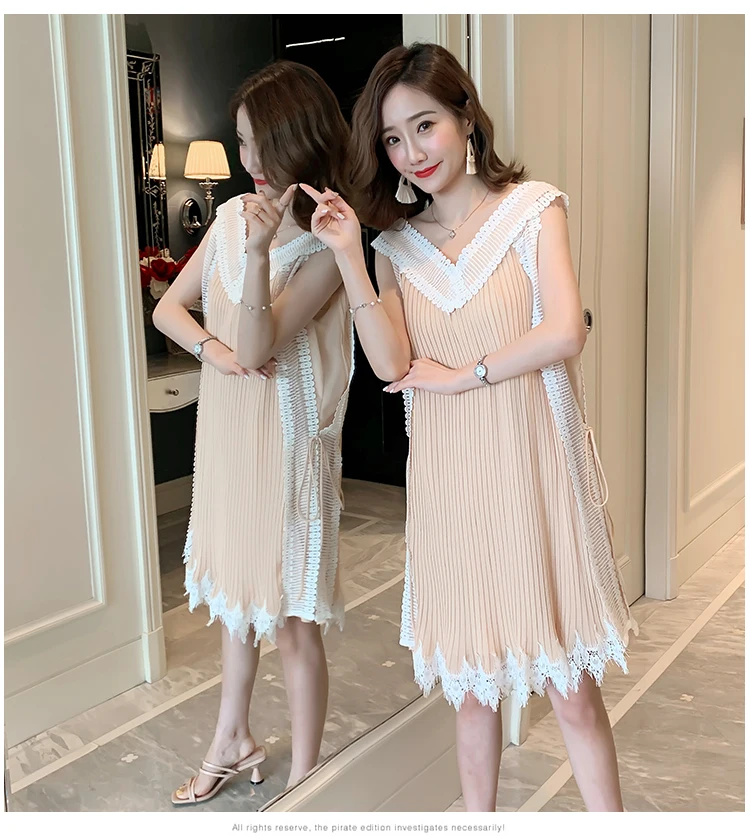 Summer Sleeveless/Long Sleeve Maternity Chiffon Pleated Dress V-neck Lace Patchwork Tassel Hem Pregnant Women Dress Sweet