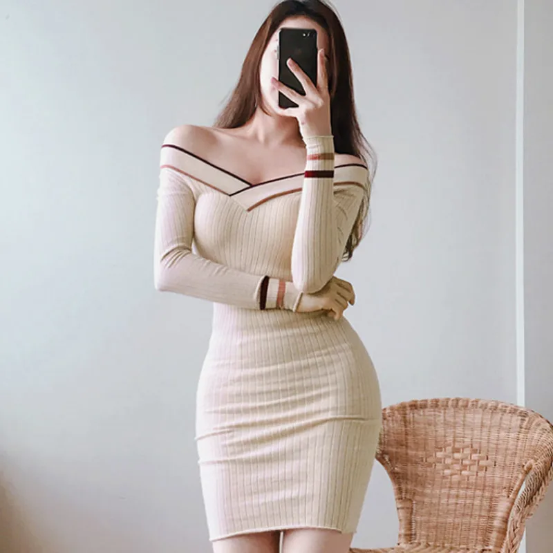 Autumn V-Neck Stitching Striped Knit Slim Solid Mini Bodycon Sexy Sweater Dress | Женская одежда