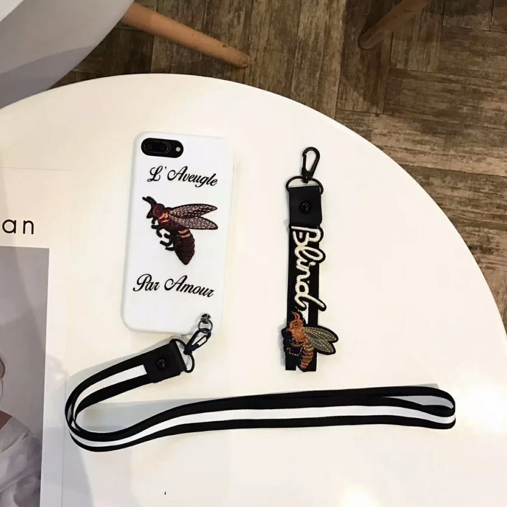 ZMASI Embossment Tiger Soft Cell Case for iPhone X 8 7 6 6s plus Relief Honeybee TPU Back Cover with Embroidery Lanyard |