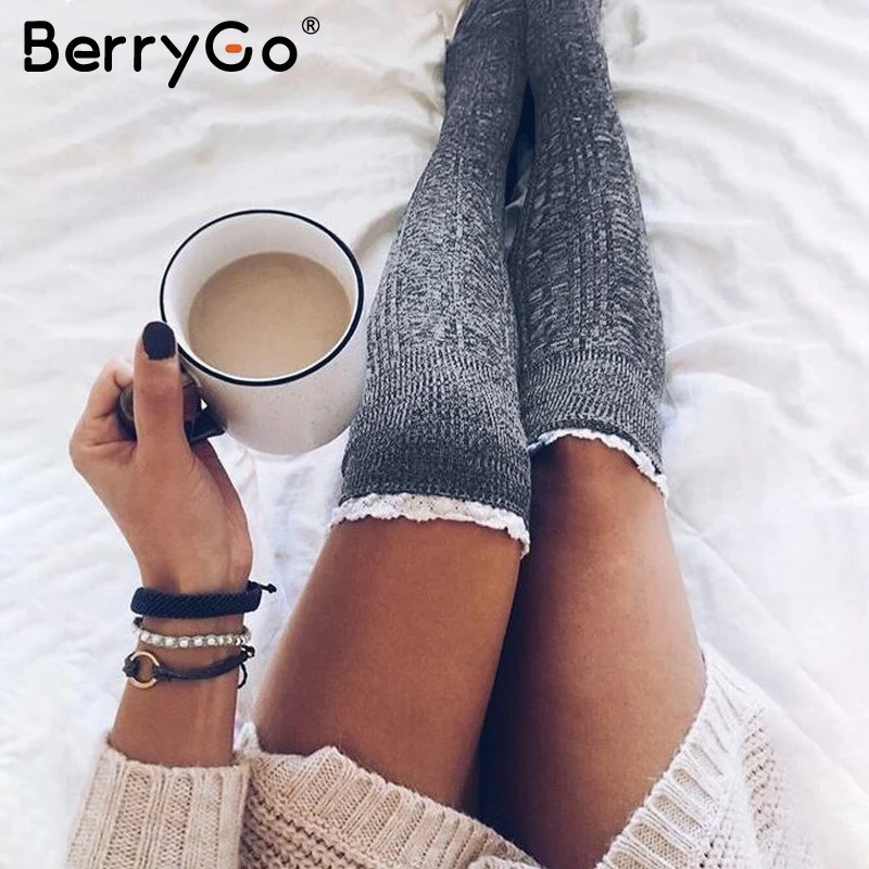 BerryGo сексуальные трикотажные кружевные женские чулки зима осень бедра выше