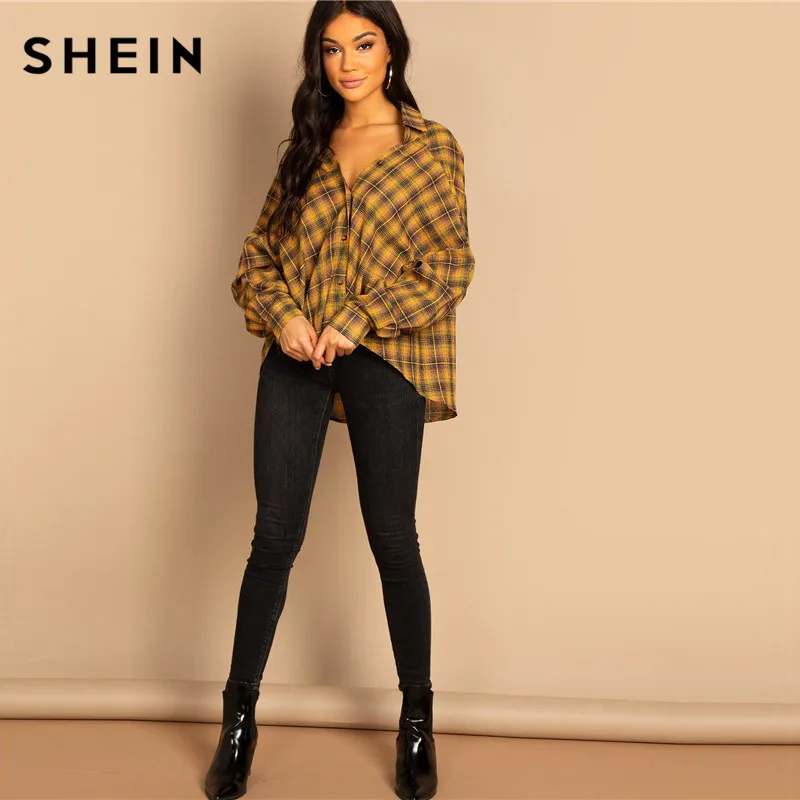 SHEIN Рубашка В Клетку С Заниженной Линией Плеч, Блузка Свободного Кроя С Длинным Рукавом С Принтом