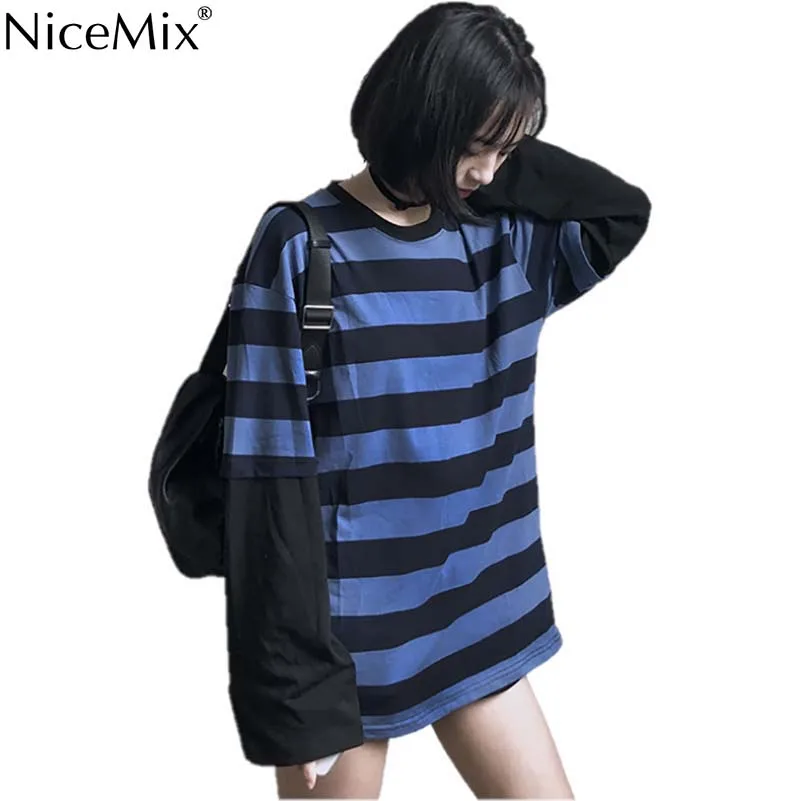 NiceMix Harajuku футболка Женские полосатые топы Лоскутные Поддельные 2 штуки свободная футболка с длинным рукавом женская уличная футболка