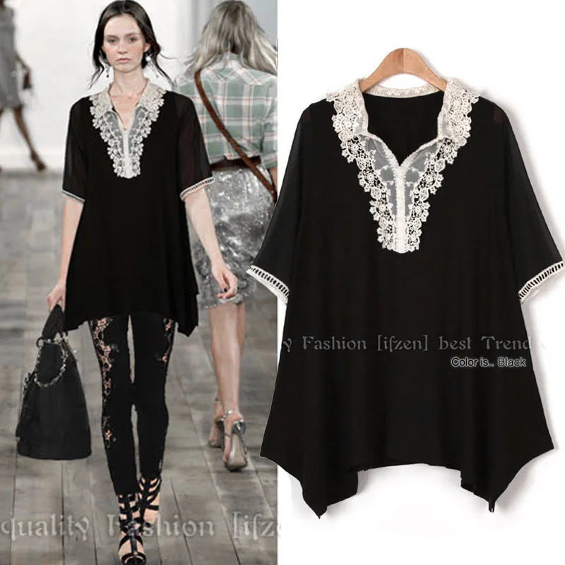 Hollow Out L-5XL Plus Size Dress Lace Patchwork 2019 Summer Fashion V-neck Short-Sleeve Casual Elegant Women Dresses Extra Large | Женская