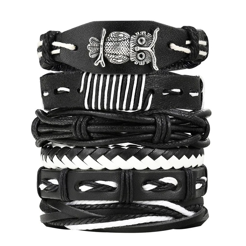 2019 New 6 pcs 1 Set Fashion accessories Owl Bead Leather Bracelets &amp bangles Multilayer Braided Wristband Bracelet Men pulseira |