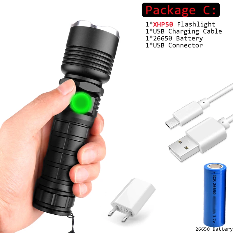 Мощный светодиодный фонарик 26650/18650 лм XHP70.2/XHP50, фонарик с usb-зарядкой, светодиодный фонарь lanter с аккумулятором для кемпинга - Испускаемый цвет: C