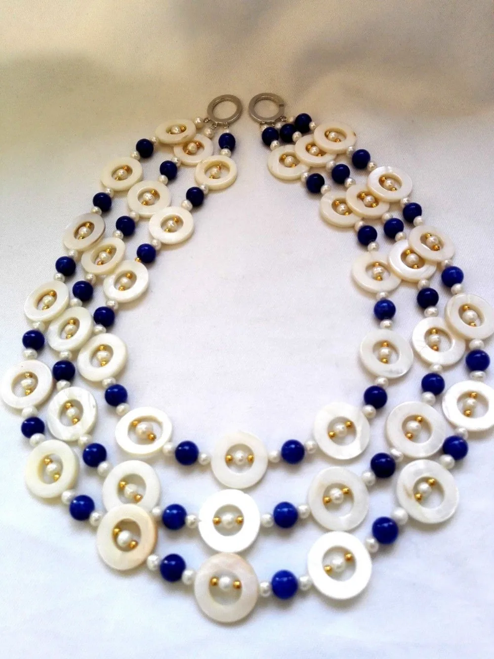 Мода 3 пряди белый пресной воды перл shell синий шарики нефрита ожерелье ювелирных