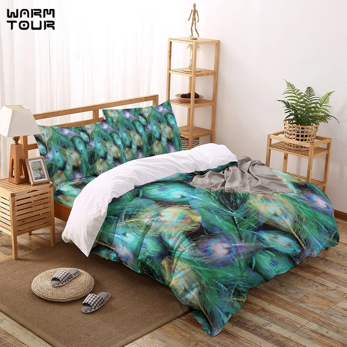 Пододеяльник WARMTOUR с зелеными перьями павлина набор из 4 предметов Комплект