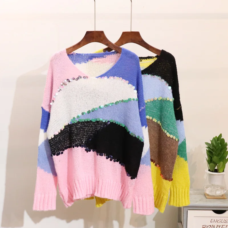 Off Shoulder 2018New autumn Women's Loose sweaters fashion pullovers Sequin V-neck Contrast color Street wear knitted jumpers | Женская