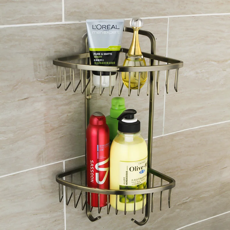 

European style Dual Tier Corner Bracket antique bronze Brass Bathroom Shelf Shower Caddy Basket Holder--MD332