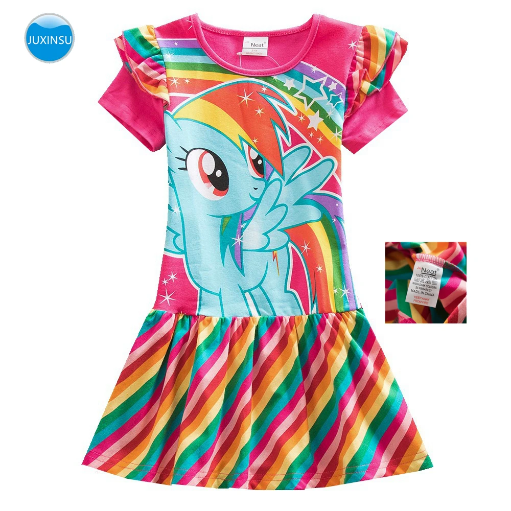 JUXINSU My Baby Girl New Summer Little Pony Short Sleeve Dresses Cartoon Cotton Rainbow Stripes for 1-8 Years | Детская одежда и