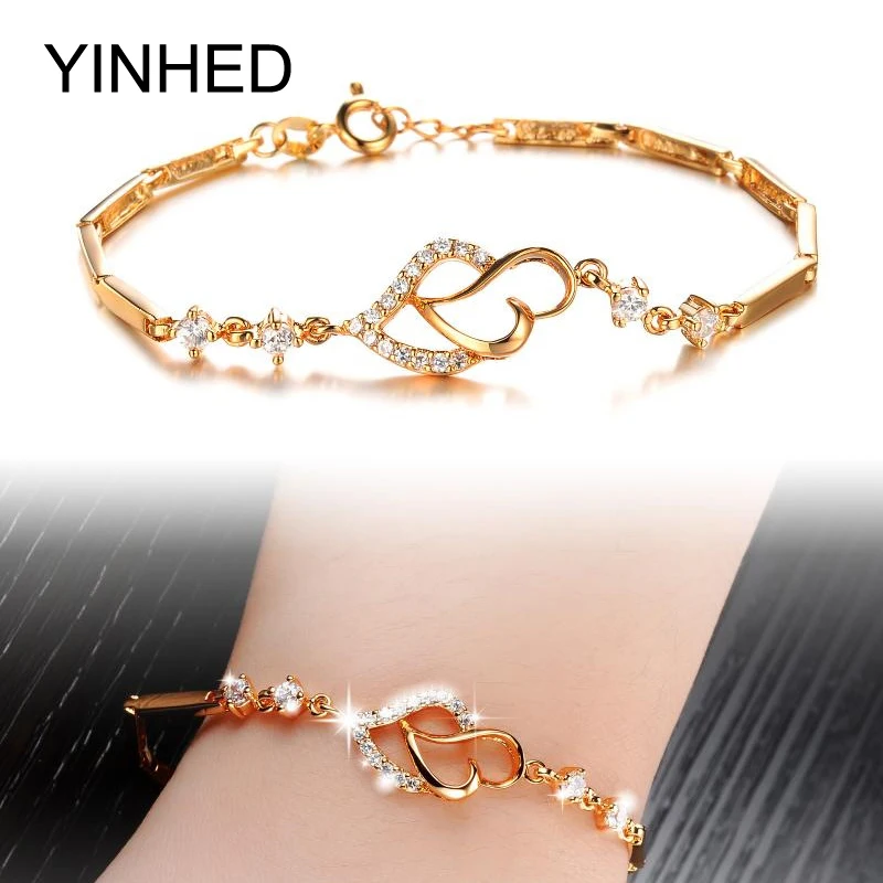 

YINHED Romantic Double Heart Bracelet Gold Color Fashion Jewelry Cubic Zirconia Bangles bracelets for Women Birthday Gift ZB412