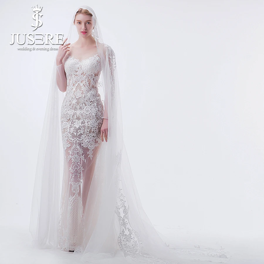 JUSERE Real Photos Illusion Sexy V Neckline Open Back Long Sleeves Mermaid Wedding Dresses with Cape Bridal Gowns 2019 | Свадьбы и