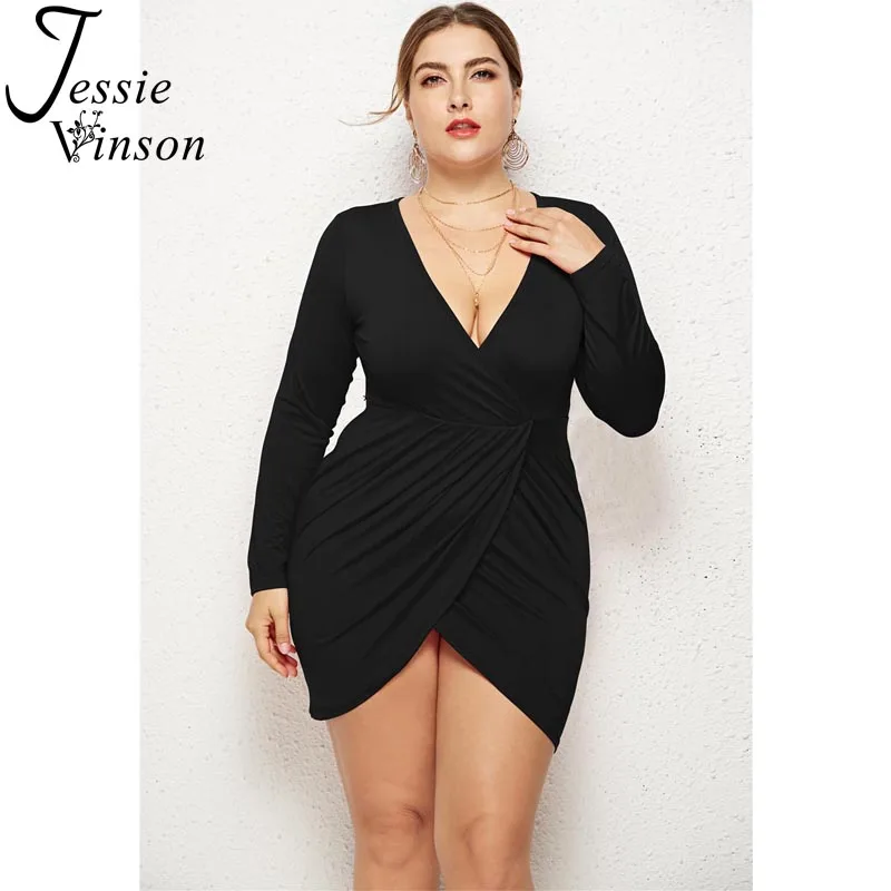 

Jessie Vinson Women Plus Size Sexy V-neck Long Sleeve Split Mini Dress Black Bandage Bodycon Night Club Dress Party Dress 3XL