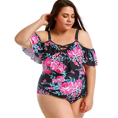Floral one piece swimsuit plus size off shoulder swimwear ruffle maillot large sizes swimwear one piece ruffled swimsuits - Цвет: NO1