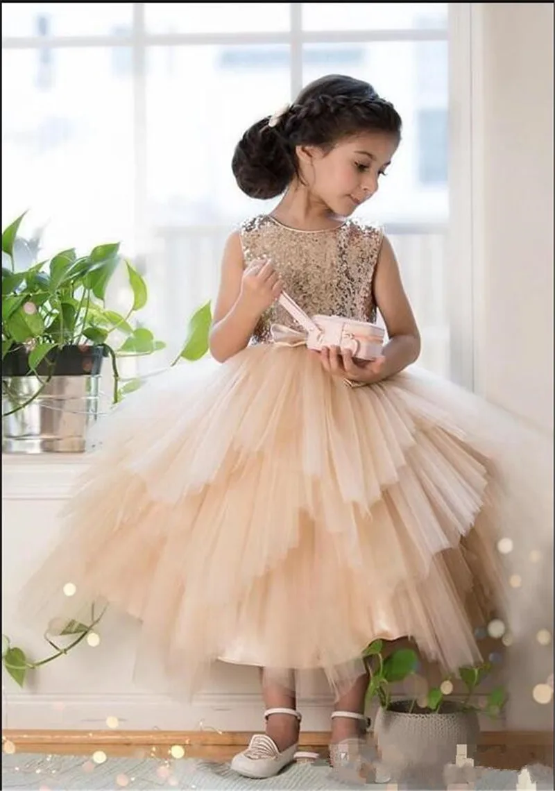 Champagne Ball Gowns Sequins Toddler Pageant Gowns Tea Length Girl s Birthday Party Gowns Vestidos