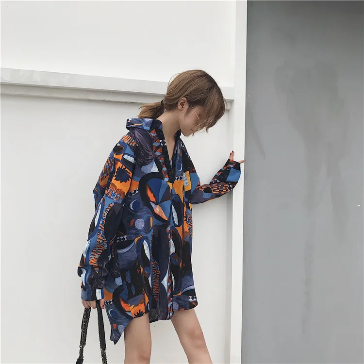 2019 Осень Новая мода отложной воротник свободные с длинным рукавом и принтом