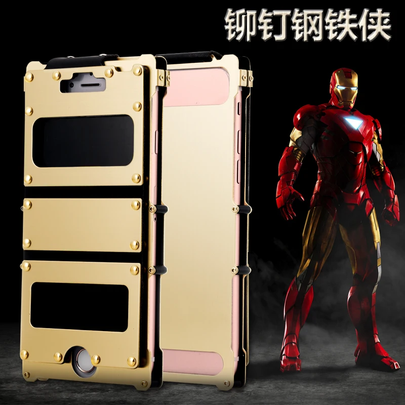 Cowboy style rivet Iron Man metal flip case for iphone 7 4.7 24K Gold stainless steel cover and Windows R-just |