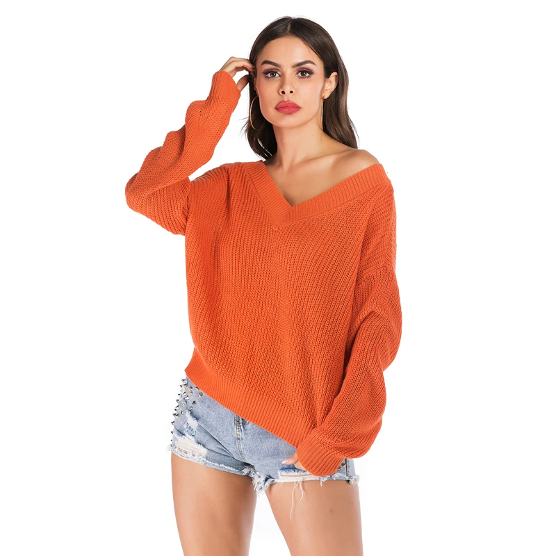 CINESSD Knitted Sweaters Women V Neck Long Sleeves Solid Pullovers Tops Orange Loose Casual Tee Shirts 2019 Autumn Lady | Женская одежда