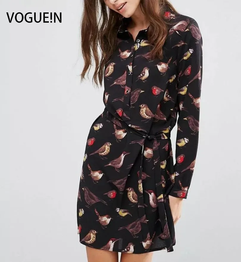 Женское мини платье с длинным рукавом VOGUE черное модное рубашка отложным