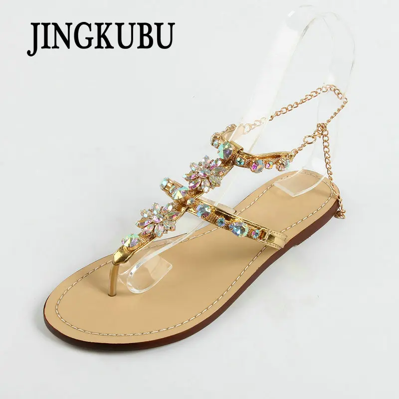 JINGKUBU/женские сандалии на плоской подошве украшенные кристаллами со стразами и