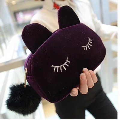 Colorful Cartoon Cat Design Coin Storage Case Travel Makeup Flannel Pouch Cosmetic Bag | Багаж и сумки