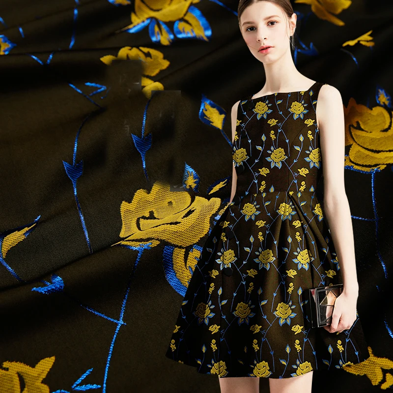 

145cm width European style yellow Metallic Jacquard Brocade Fabric 3D jacquard yarn dyed fabric for Women Coat Dress Skirt