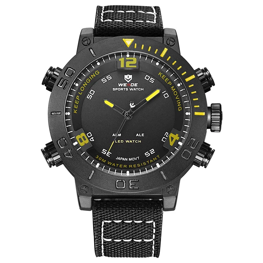 WEIDE часы люксовый бренд кварцевые часы спортивные цифровые nylong платье часы модные повседневные водонепроницаемые черные часы с будильником relogio - Цвет: Цвет: желтый
