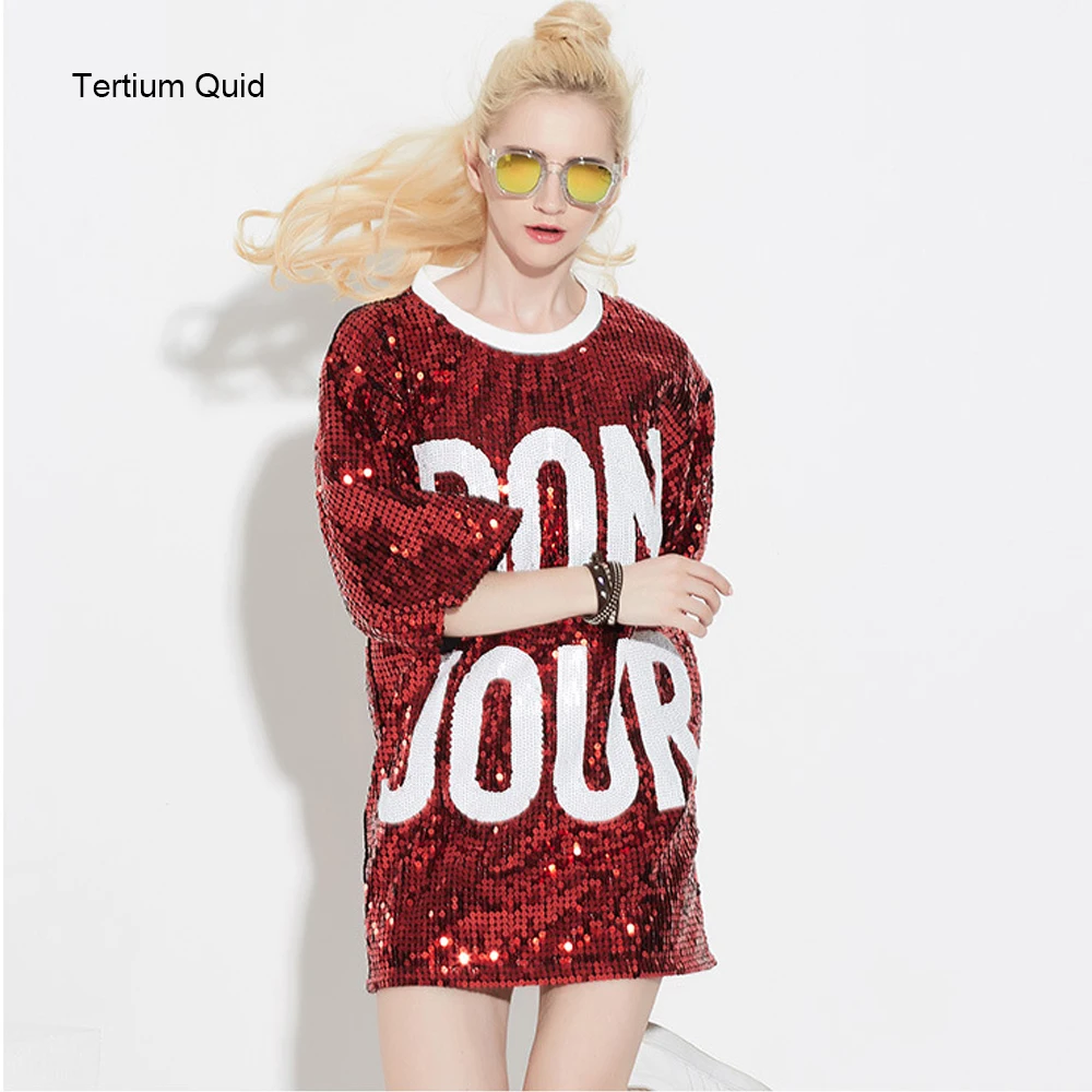 New Arrival Women T-Shirt Dresses Sequined Top Loose Knee Length Dress Dance Tops Graphic Tees T shirt Free Shipping | Женская одежда