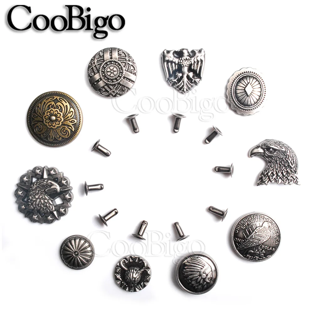 10sets Pewter Studs Rivet Spikes DIY Leather Craft Bracelet Punk Rock Garment Shoe Bag Pets Collar Parts Flower Shield eagle