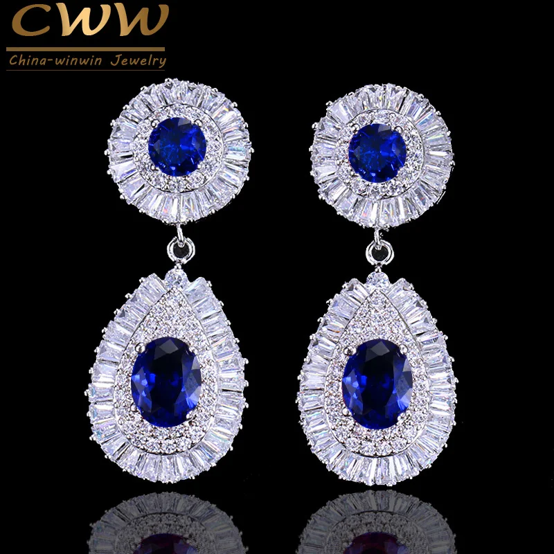 Женские длинные серьги подвески CWWZircons с синими камнями модель CZ314|earrings with blue stone|all