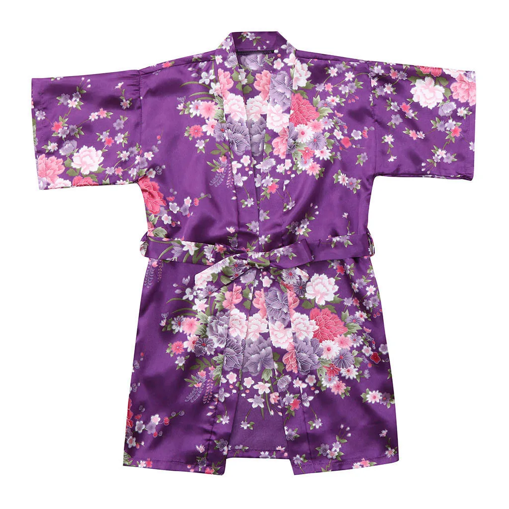 Purple Детский банный халат, одежда для малышей Детская одежда для девочек с цветочным рисунком Шелковый атласное кимоно; наряд, одежда для сна, для девочек подходит для детей возрастом от 2 до 8 лет одежда подходящий для детей обоих полов, roupao infantil - Цвет: Purple