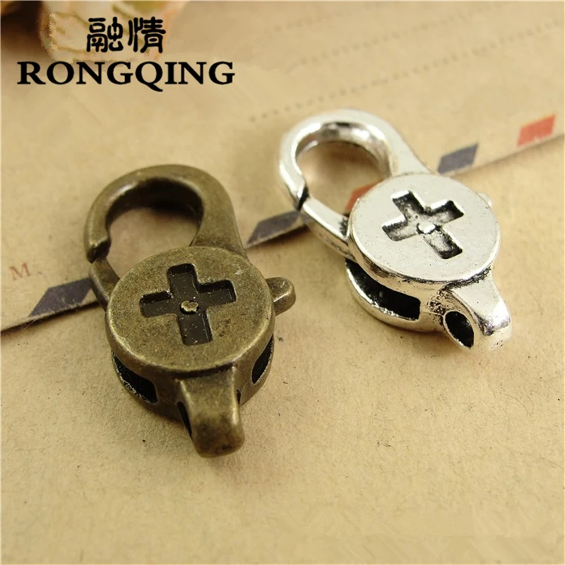 

RONGQING 20pcs/ lot Pattern Jewelry Findings 28*14MM Cross Antique Silver Bronze Lobster Clasps Hooks For Necklace Bracelet DIY