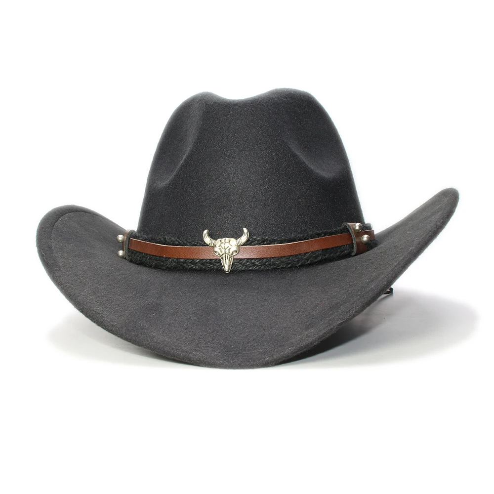 

Retro Vintage Women Men Wool Wide Brim Cowboy Western Cowgirl Bowler Hat Fedora Cap Bull Head Oxhead Braid Band (57cm/Adjust)