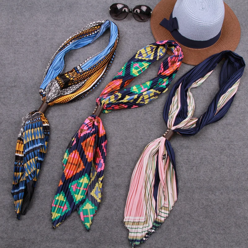 Женский Шелковый складной шарф длинный узкий атласный в полоску с узором