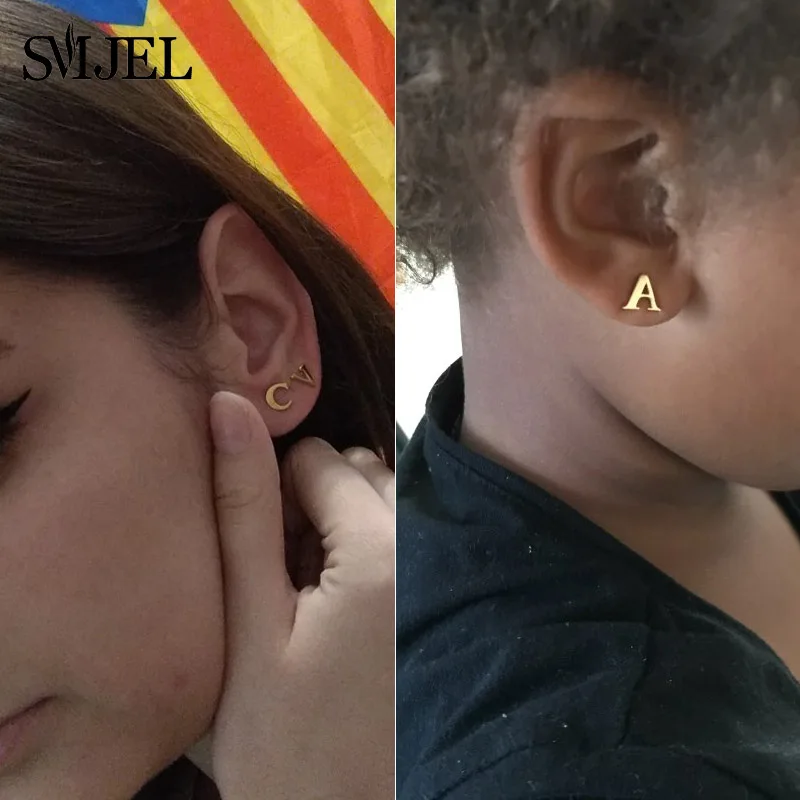 

SMJEL Tiny Initial Letter Earrings Stainless Steel Personalize A-Z Arabic Alphabet Stud Earings Kids Gifts Bridesmaids brincos