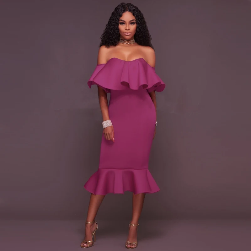 B&ampN Ruffles Slash Neck Dress Women One Piece Mermaid Long Fit Stretch Sexy Strapless Off Shoulder Solid Backless Cloth | Женская