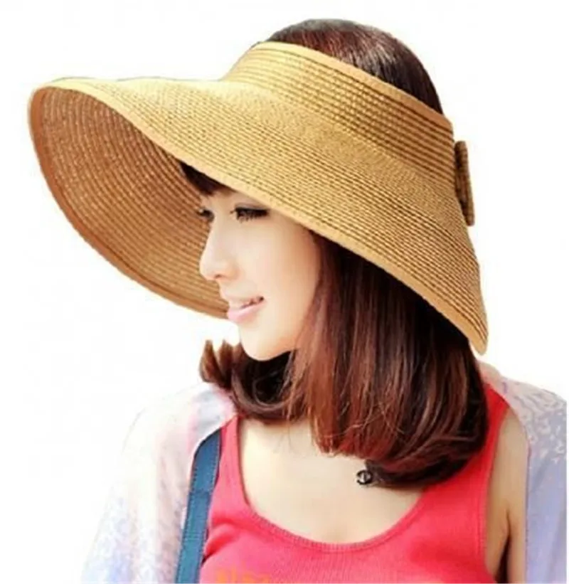 

LUCKYLIANJI Spring Summer Women Girl Solid Color Summer Straw Headless Roll Up Foldable Beach Wide Brim Sun Hat Visor Topee Cap