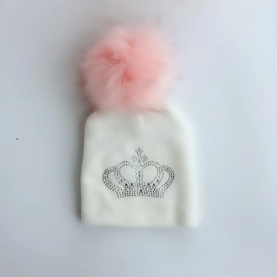 crown white 3 Детская вязаная теплая Зимняя шерстяная шапка с алмазной вышивкой для девочек и мальчиков, Детские повседневные шапочки короны с помпоном из искусственного меха - Цвет: crown white 3