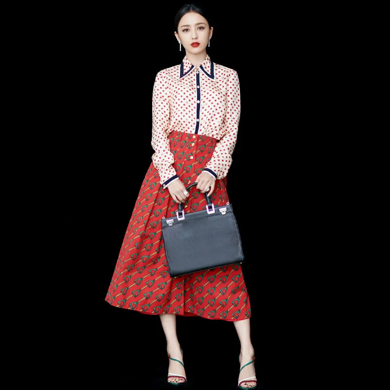 New 2019 Autumn Fashion Design Women's Stars Long Sleeve Chiffon Print Shirt + Half Skirt Set |