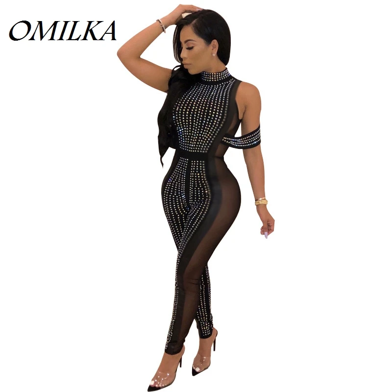 

OMILKA Mesh Diamonds See Through Rompers and Jumpsuits 2018 Autumn Women Blue Black Red Sexy Glitter Club Party Bodycon Overalls