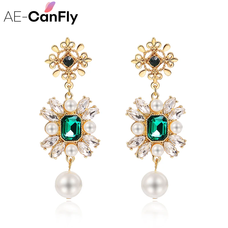 AE-CANFLY Роскошные Крупные Зеленые хрустальные массивные серьги с цветком