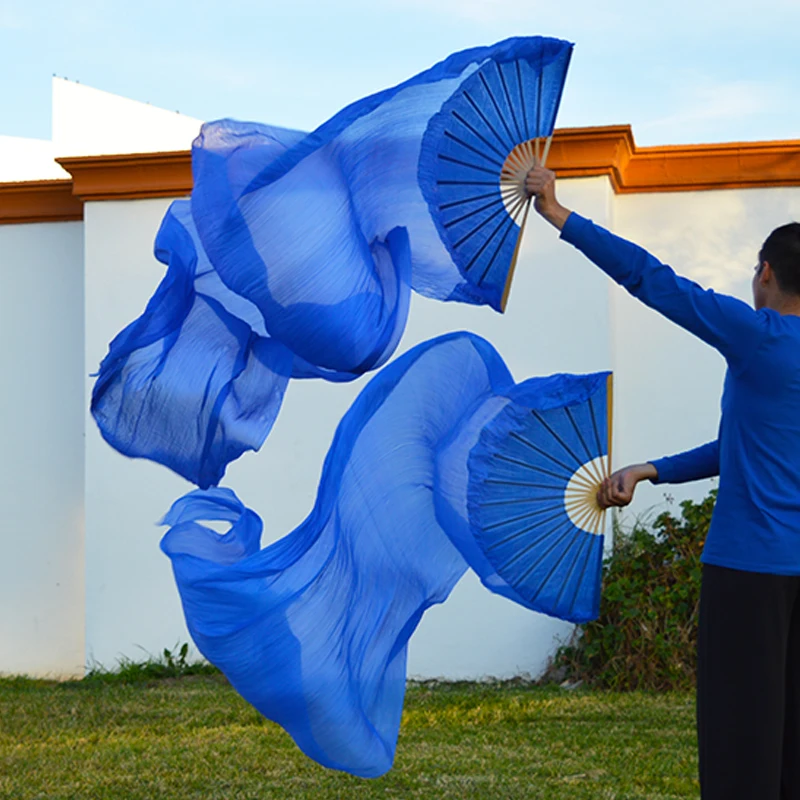 Royal blue Горячая Распродажа настоящие шелковые вуали 1 пара ручная работа окрашенный шелк танец живота длинные вентиляторы танцевальный реквизит Чистый яркий веер можно настроить - Цвет: Royal blue