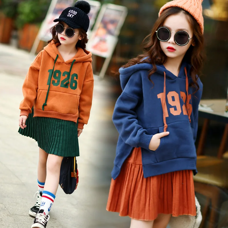 Kids Girls Fleece Hoodie Dress Autumn 2019 New Long Sleeve Dresses Winter Hooded Thick Casual Big Girl Clothes | Детская одежда и