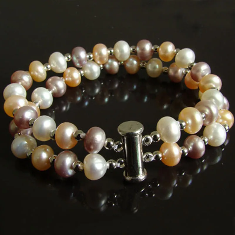 

Double Row 7-8mm Natural Multicolor Freshwater Women Pearl Bracelet