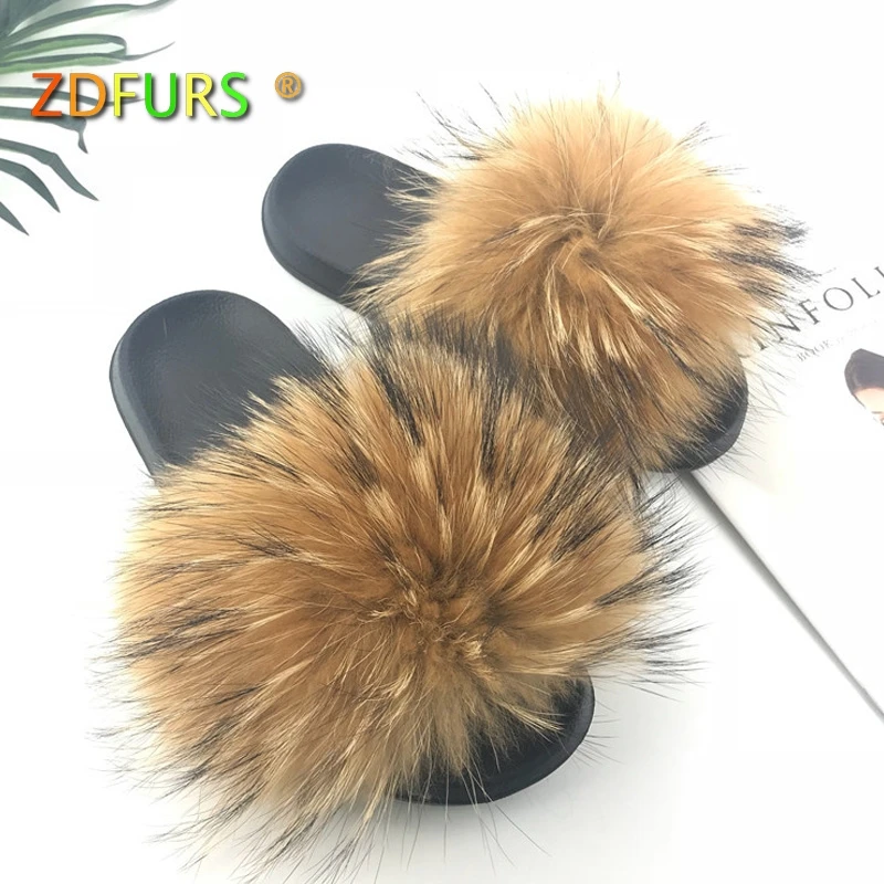 E ZDFURS* New Arrivals Real Raccoon Fur Slippers Women Fluffy Fur Slides Spring Autumn Winter Indoor Outdoor Shoes - Цвет: E