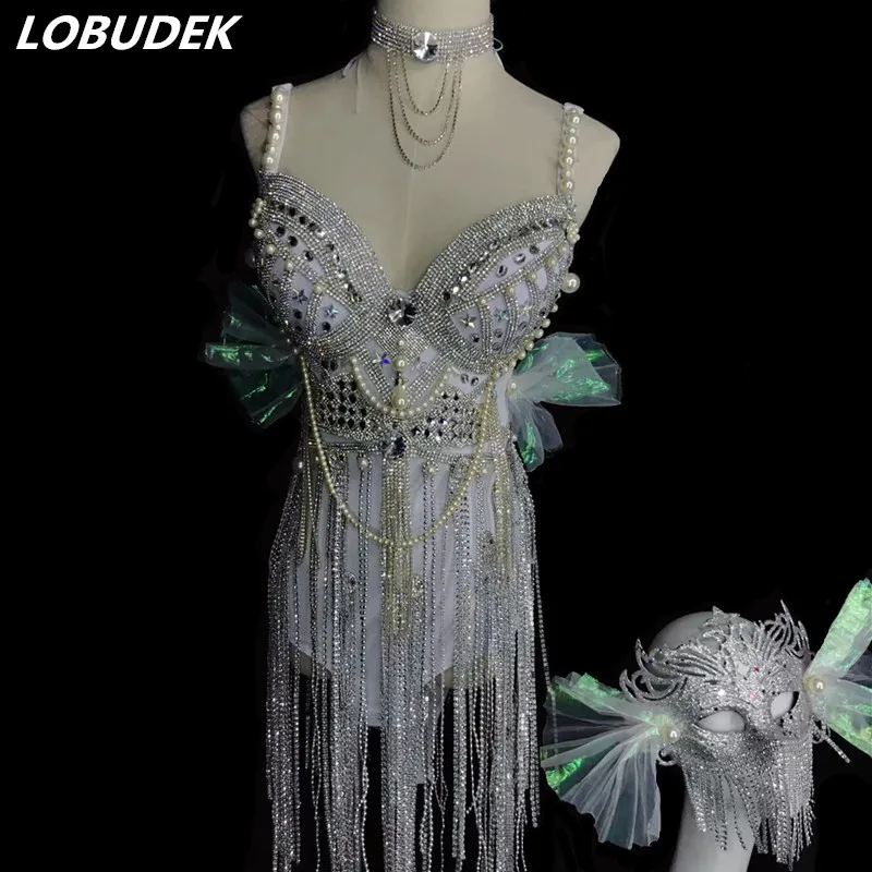 

Sexy sling Sparkling Crystals Pearls Bra Bodysuit White Beading tassels jumpsuit Bar DJ singer Models Dancer performance costume