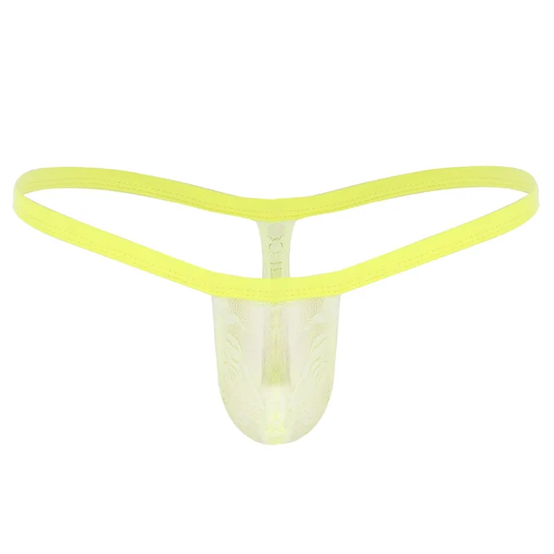 Yellow Гей мужское нижнее белье SISSY низкая посадка кружева прозрачная выпуклость мешок открытая спина бикини стринги Т-образное нижнее белье Homme сексуальные трусы - Цвет: Yellow