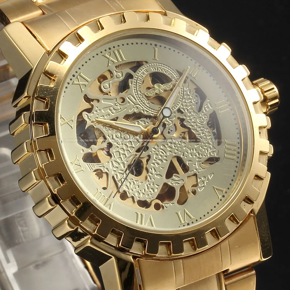 Часы наручные мужские механические со стальным ремешком золотистые 2016|watch stick|watch